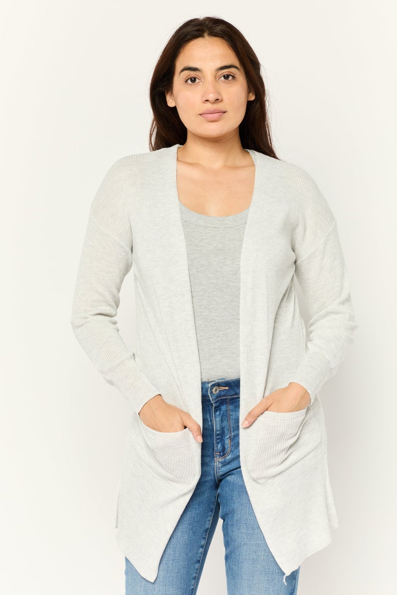 Pink Rose Women Split Neck Knitted Cardigan, Heather Grey - Image 2